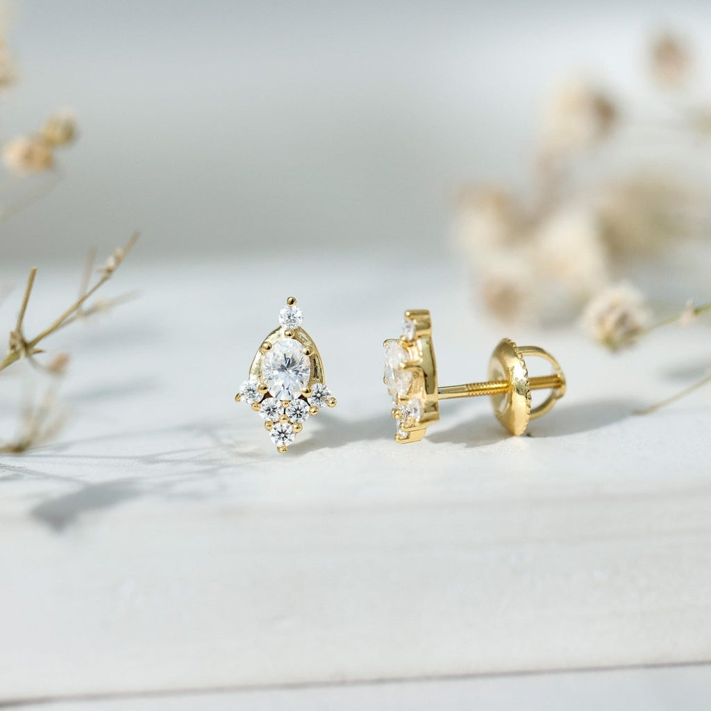 Certified Moissanite Stud Earrings in Yellow Gold Plated Silver - HOUSE OF SHE