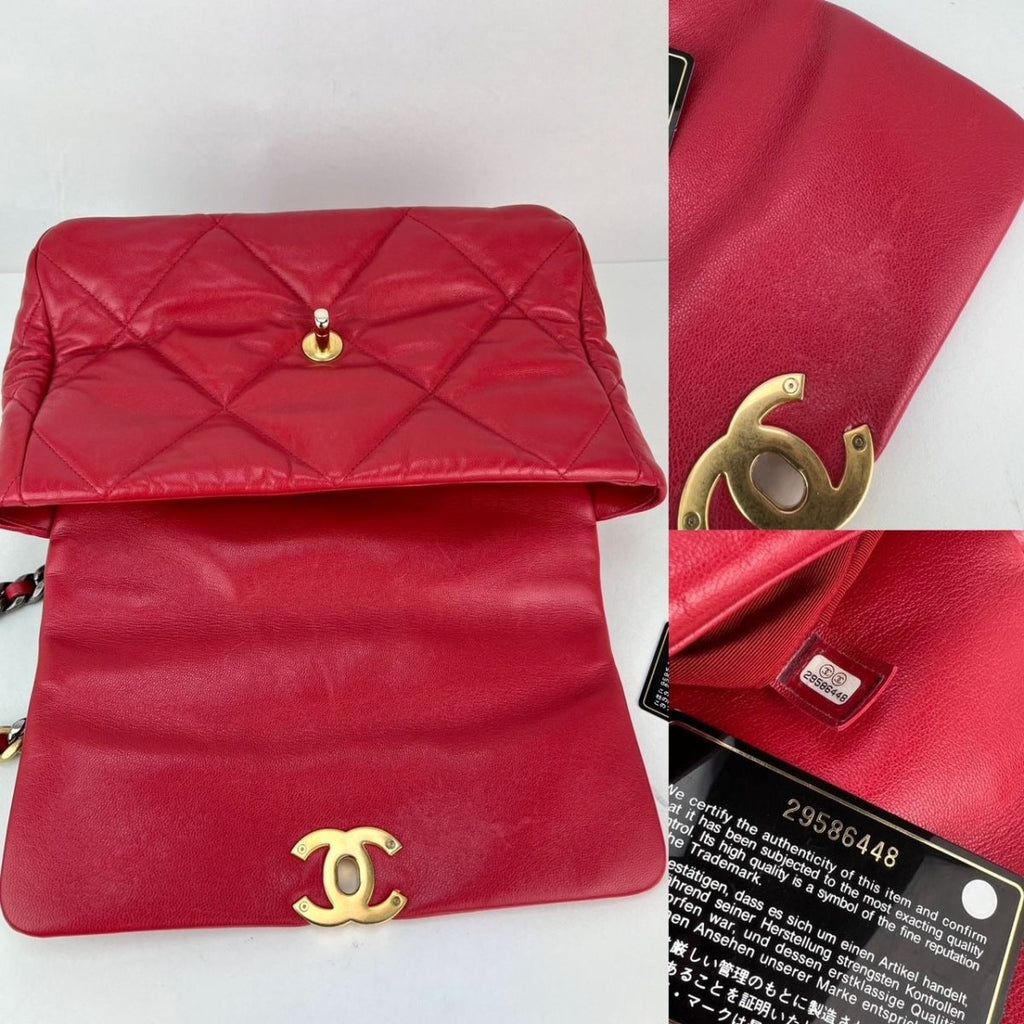 Chanel 19 Large Quilted Goatskin Silver and Gold Red Flap Bag - HOUSE OF SHE