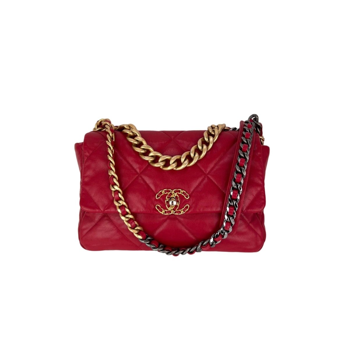 Chanel 19 Large Quilted Goatskin Silver and Gold Red Flap Bag - HOUSE OF SHE