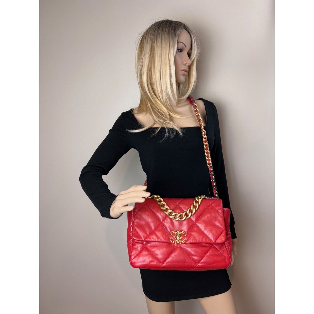 Chanel 19 Large Quilted Goatskin Silver and Gold Red Flap Bag - HOUSE OF SHE