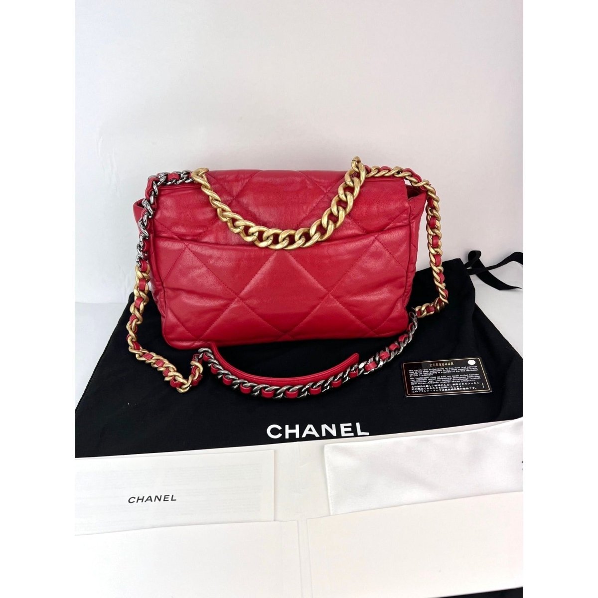 Chanel 19 Large Quilted Goatskin Silver and Gold Red Flap Bag - HOUSE OF SHE