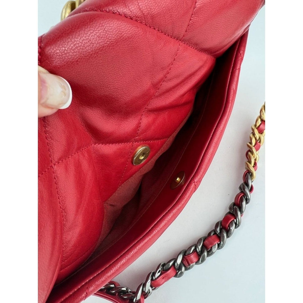 Chanel 19 Large Quilted Goatskin Silver and Gold Red Flap Bag - HOUSE OF SHE