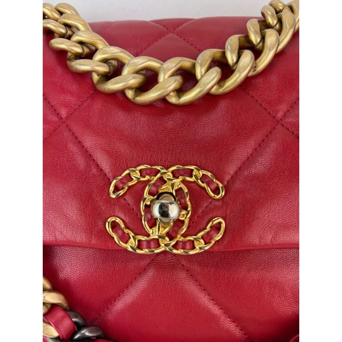 Chanel 19 Large Quilted Goatskin Silver and Gold Red Flap Bag - HOUSE OF SHE