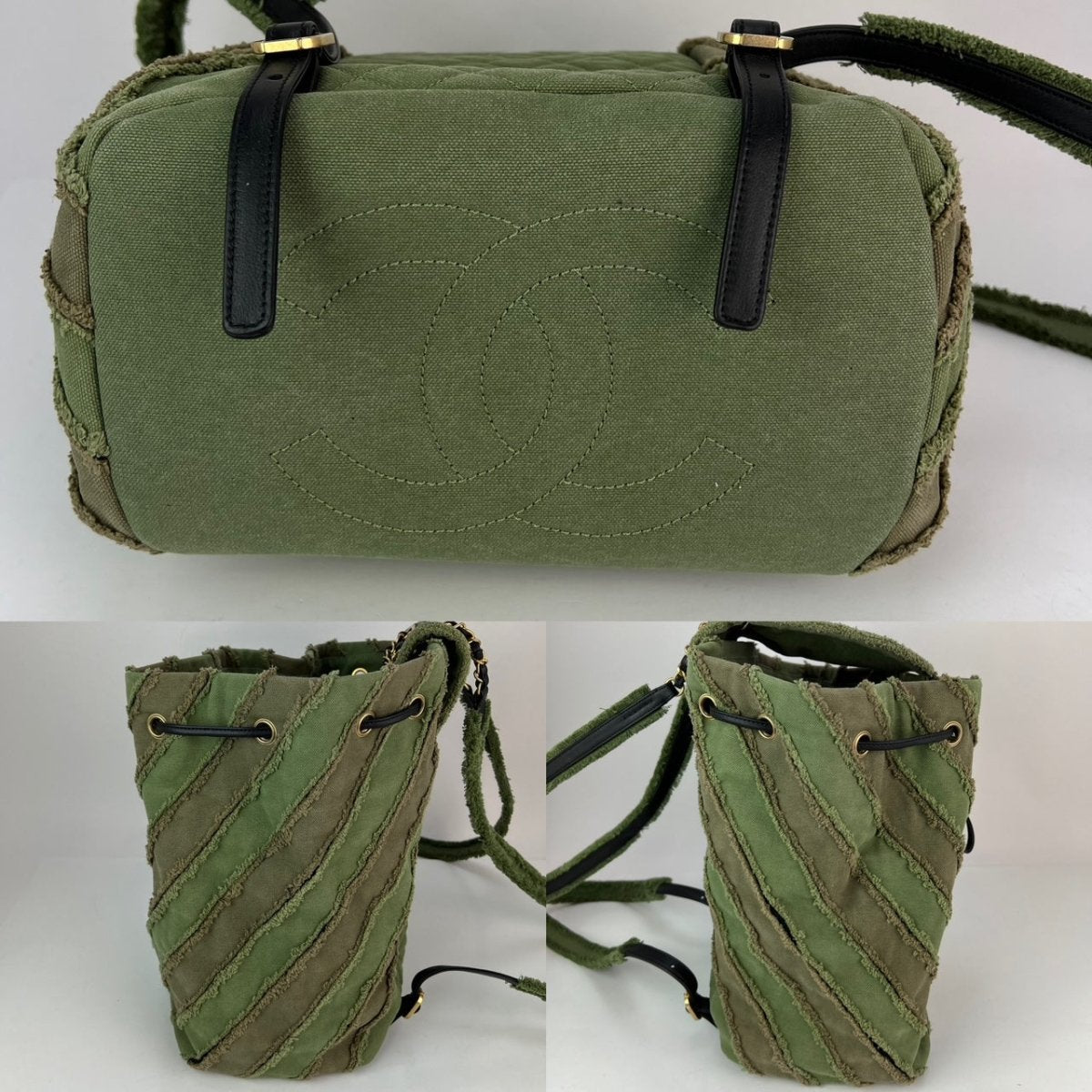 CHANEL Backpack Canvas Chevron Cuba Patchwork Khaki Green Backpack Preowned - HOUSE OF SHE