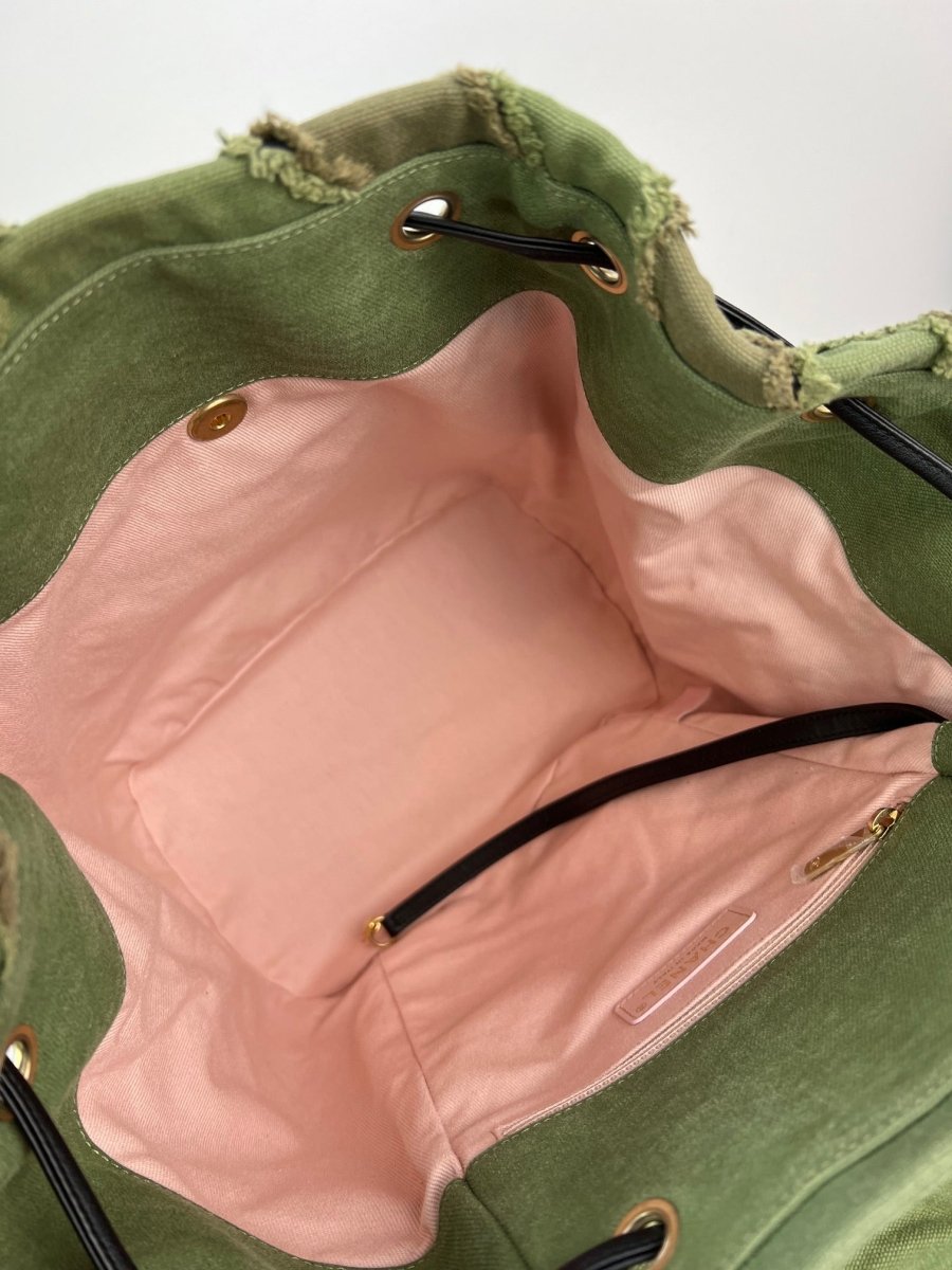 CHANEL Backpack Canvas Chevron Cuba Patchwork Khaki Green Backpack Preowned - HOUSE OF SHE