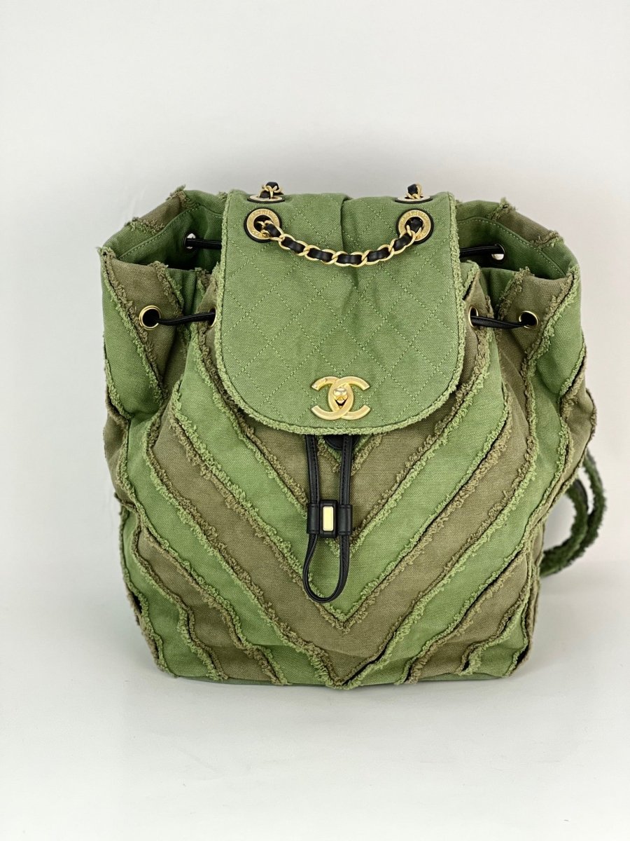 CHANEL Backpack Canvas Chevron Cuba Patchwork Khaki Green Backpack Preowned - HOUSE OF SHE