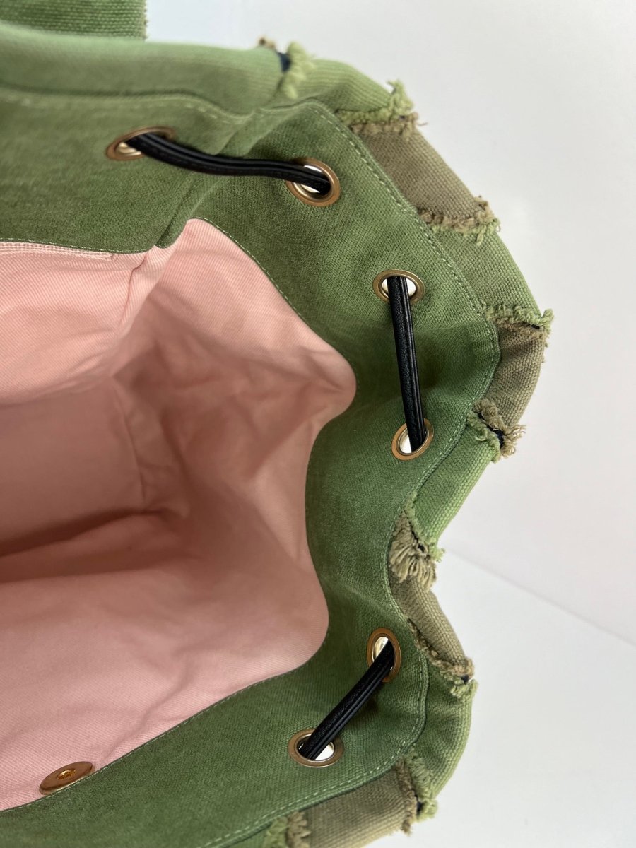 CHANEL Backpack Canvas Chevron Cuba Patchwork Khaki Green Backpack Preowned - HOUSE OF SHE