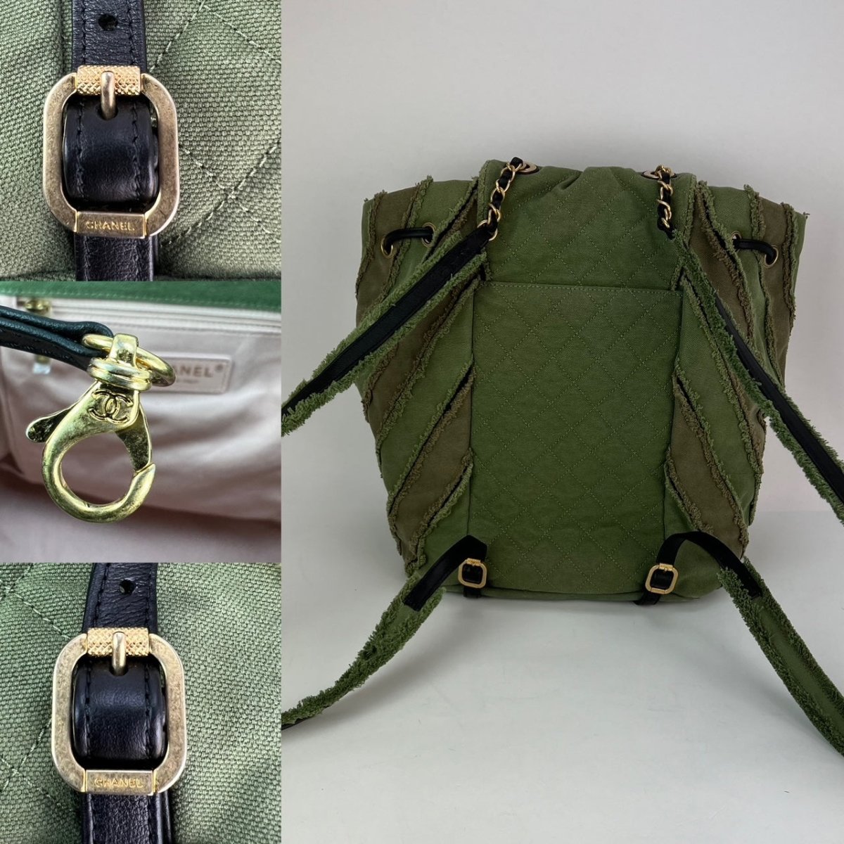CHANEL Backpack Canvas Chevron Cuba Patchwork Khaki Green Backpack Preowned - HOUSE OF SHE