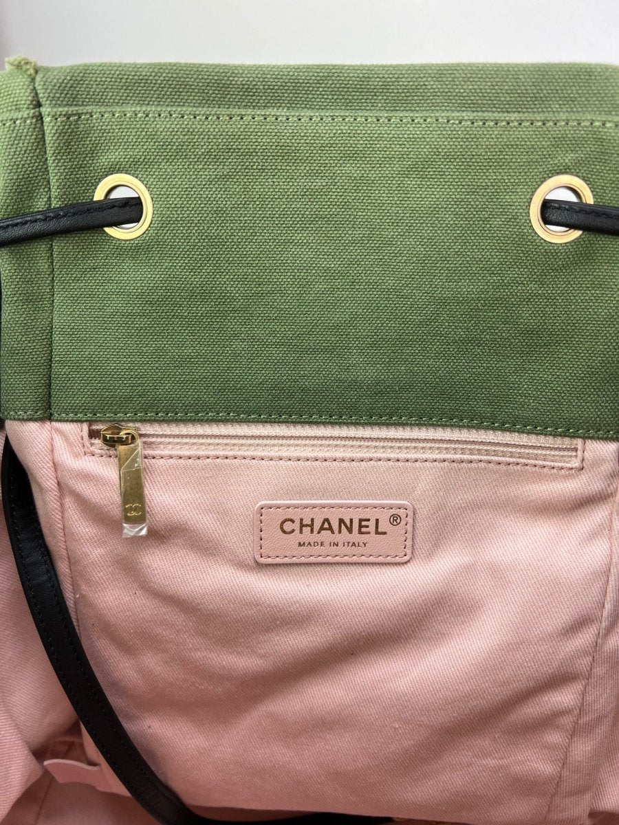 CHANEL Backpack Canvas Chevron Cuba Patchwork Khaki Green Backpack Preowned - HOUSE OF SHE