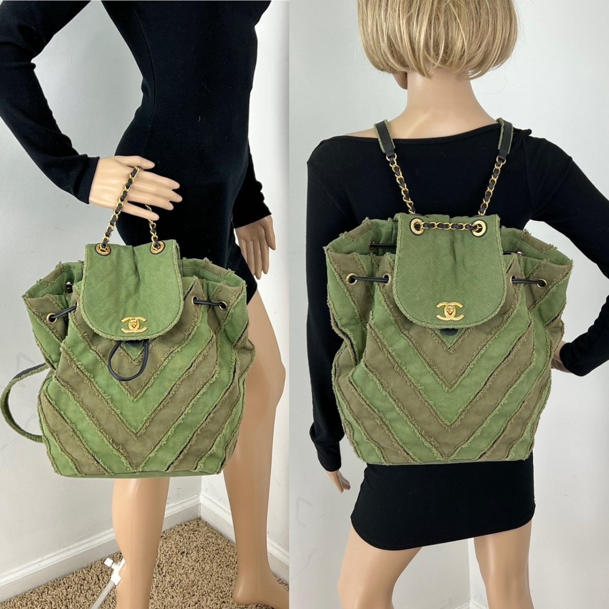 CHANEL Backpack Canvas Chevron Cuba Patchwork Khaki Green Backpack Preowned - HOUSE OF SHE