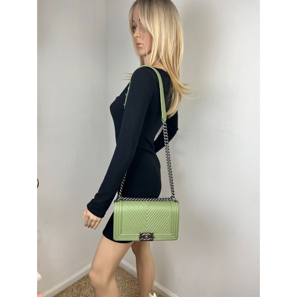 Chanel Calfskin Chevron Quilted Medium Boy Flap Light Green Bag - HOUSE OF SHE