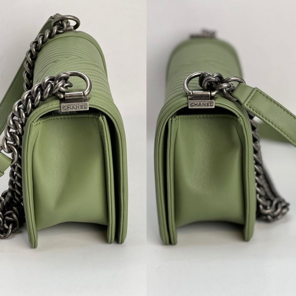 Chanel Calfskin Chevron Quilted Medium Boy Flap Light Green Bag - HOUSE OF SHE