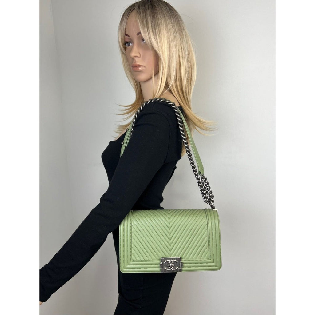 Chanel Calfskin Chevron Quilted Medium Boy Flap Light Green Bag - HOUSE OF SHE
