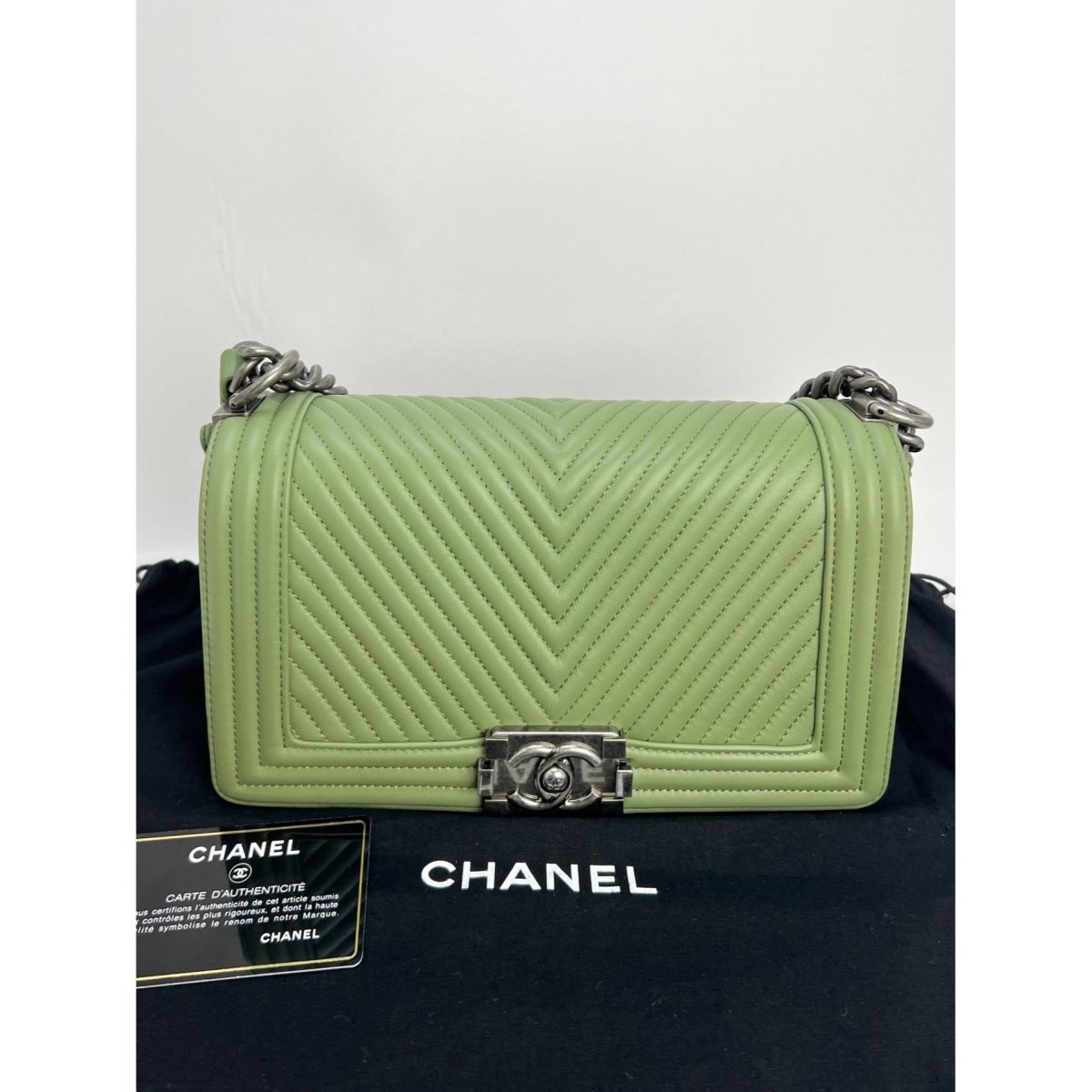 Chanel Calfskin Chevron Quilted Medium Boy Flap Light Green Bag - HOUSE OF SHE
