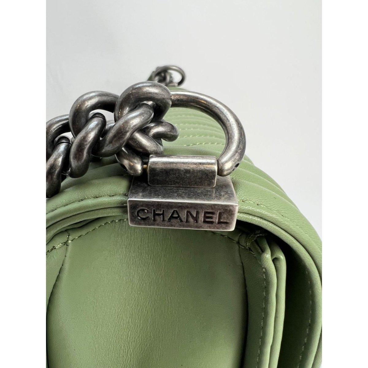 Chanel Calfskin Chevron Quilted Medium Boy Flap Light Green Bag - HOUSE OF SHE