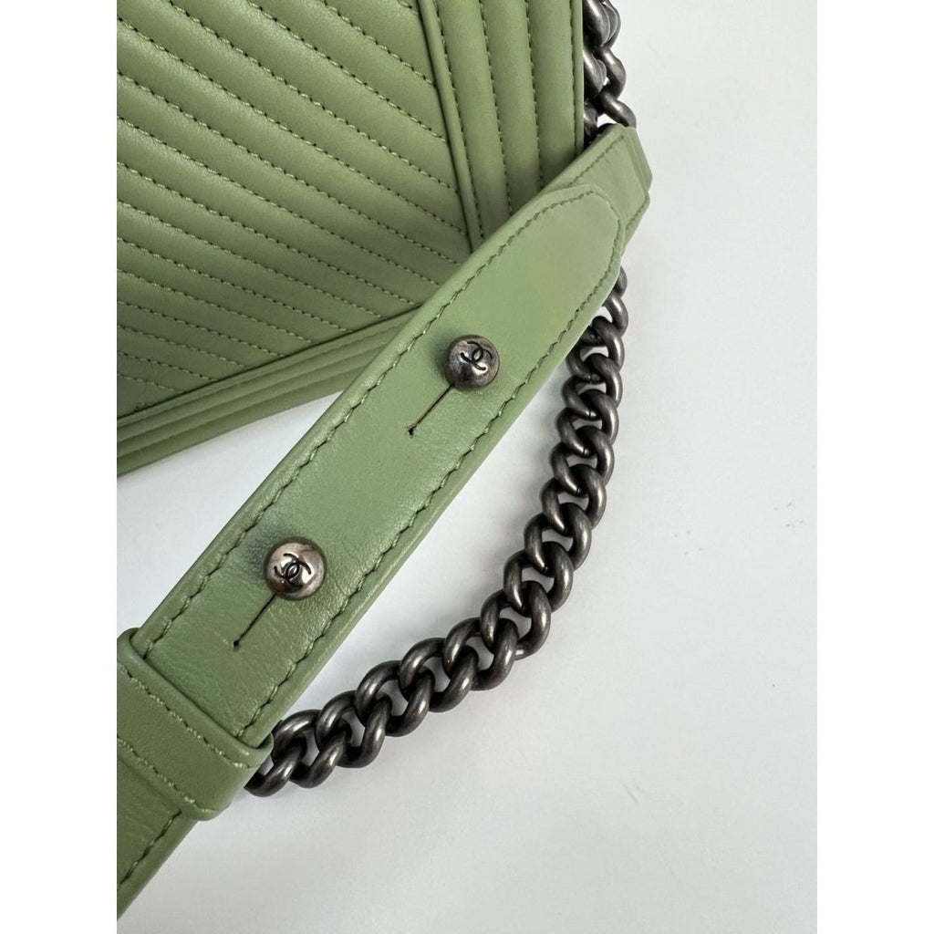 Chanel Calfskin Chevron Quilted Medium Boy Flap Light Green Bag - HOUSE OF SHE