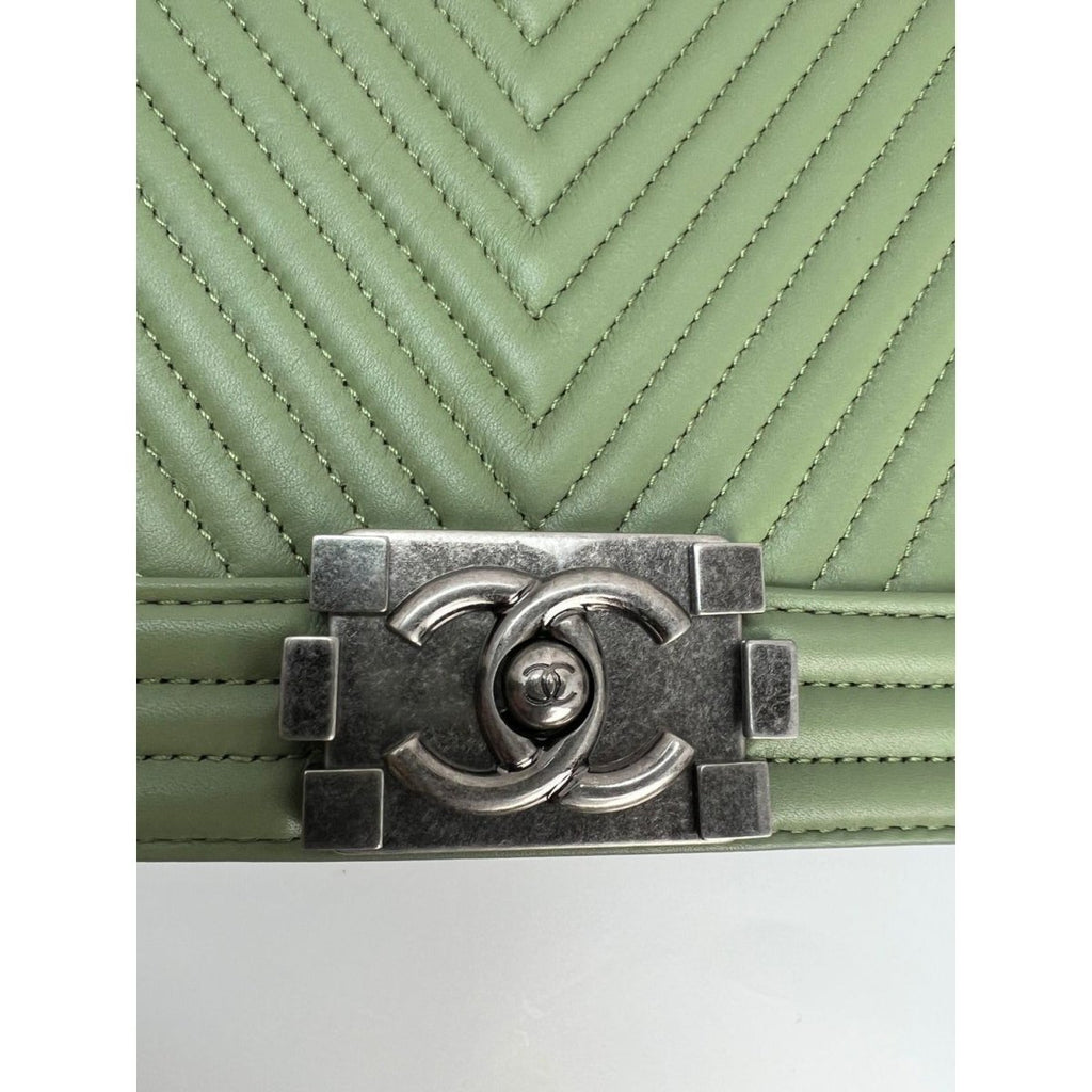 Chanel Calfskin Chevron Quilted Medium Boy Flap Light Green Bag - HOUSE OF SHE