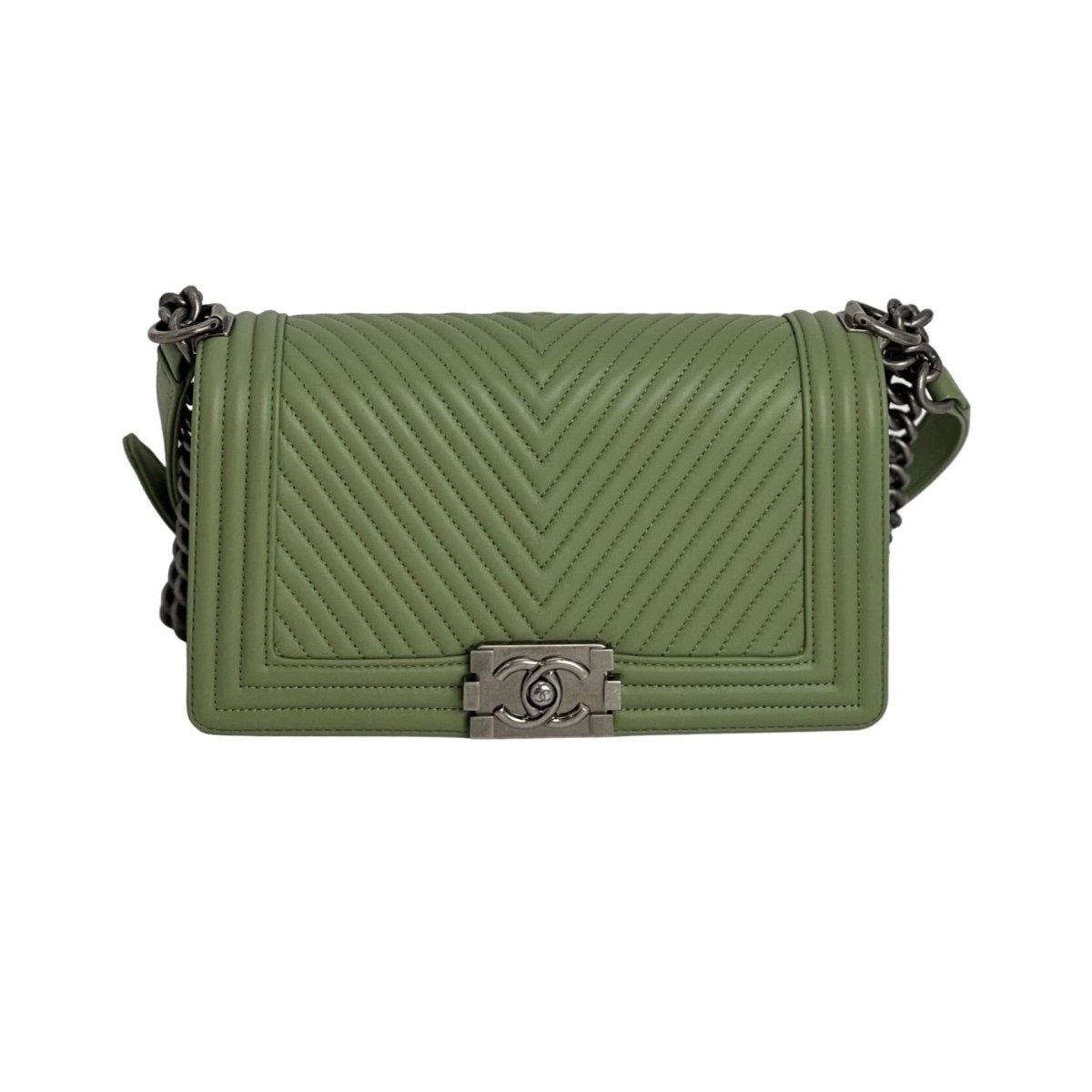 Chanel Calfskin Chevron Quilted Medium Boy Flap Light Green Bag - HOUSE OF SHE