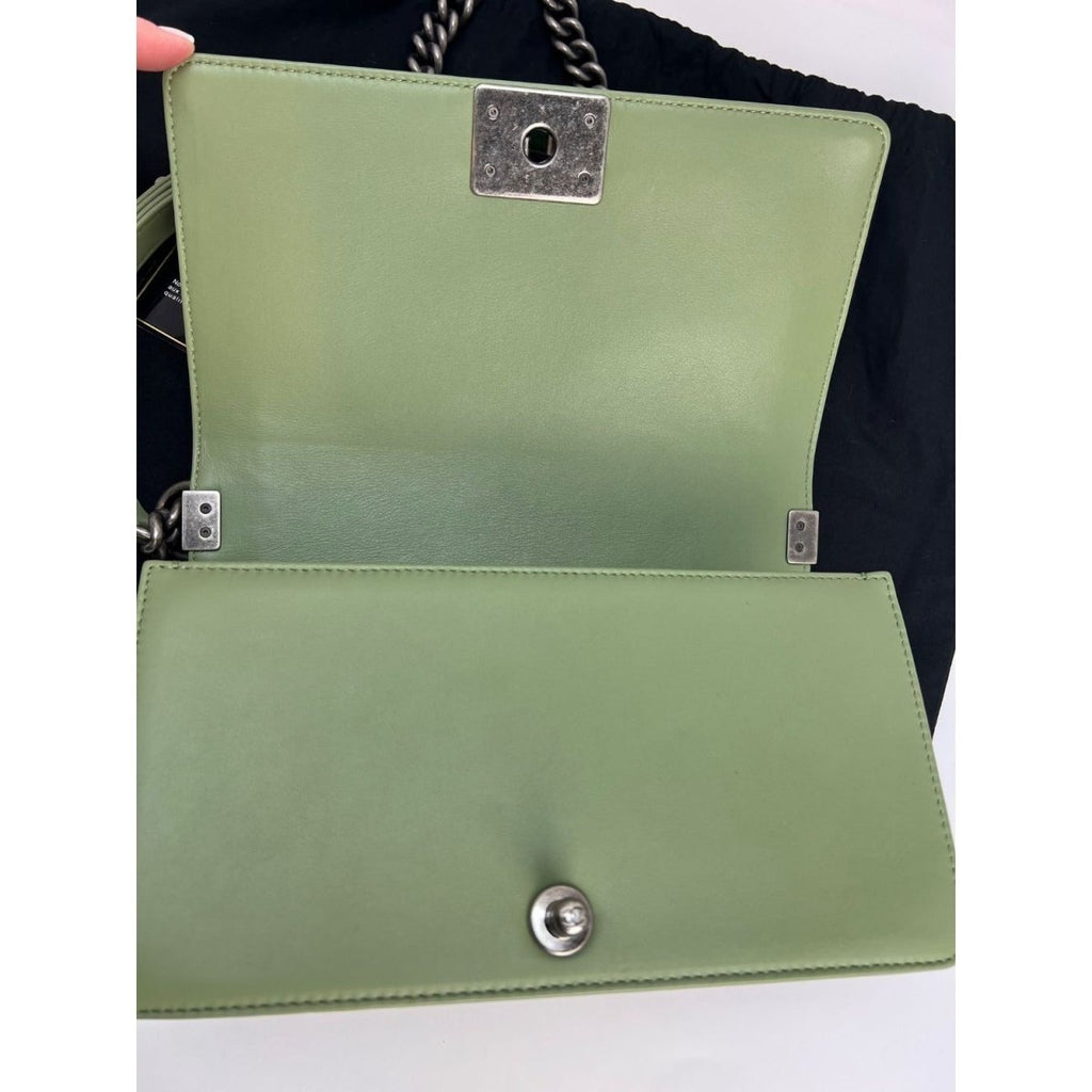Chanel Calfskin Chevron Quilted Medium Boy Flap Light Green Bag - HOUSE OF SHE