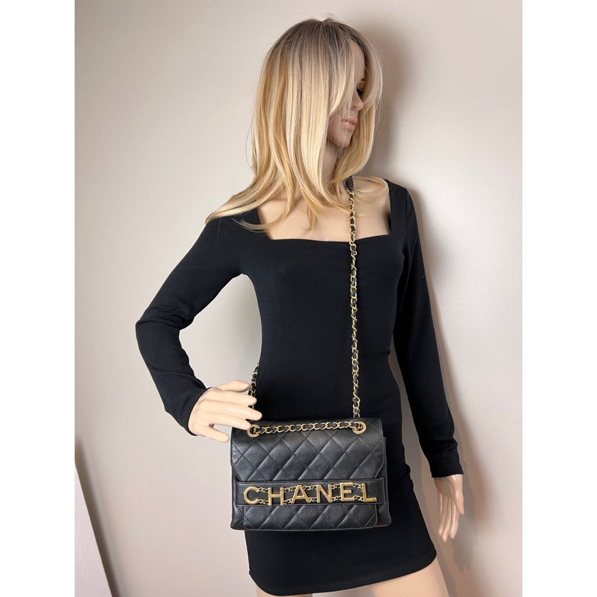 Chanel Calfskin Quilted Enchained Black Flap Shoulder Bag - HOUSE OF SHE