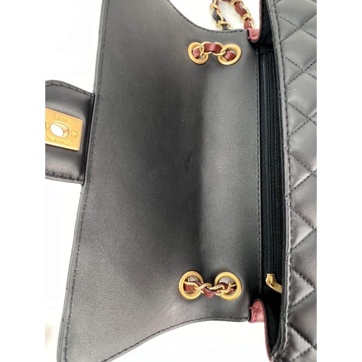 Chanel Calfskin Quilted Strap into Flap Black Burgundy Shoulder Bag - HOUSE OF SHE