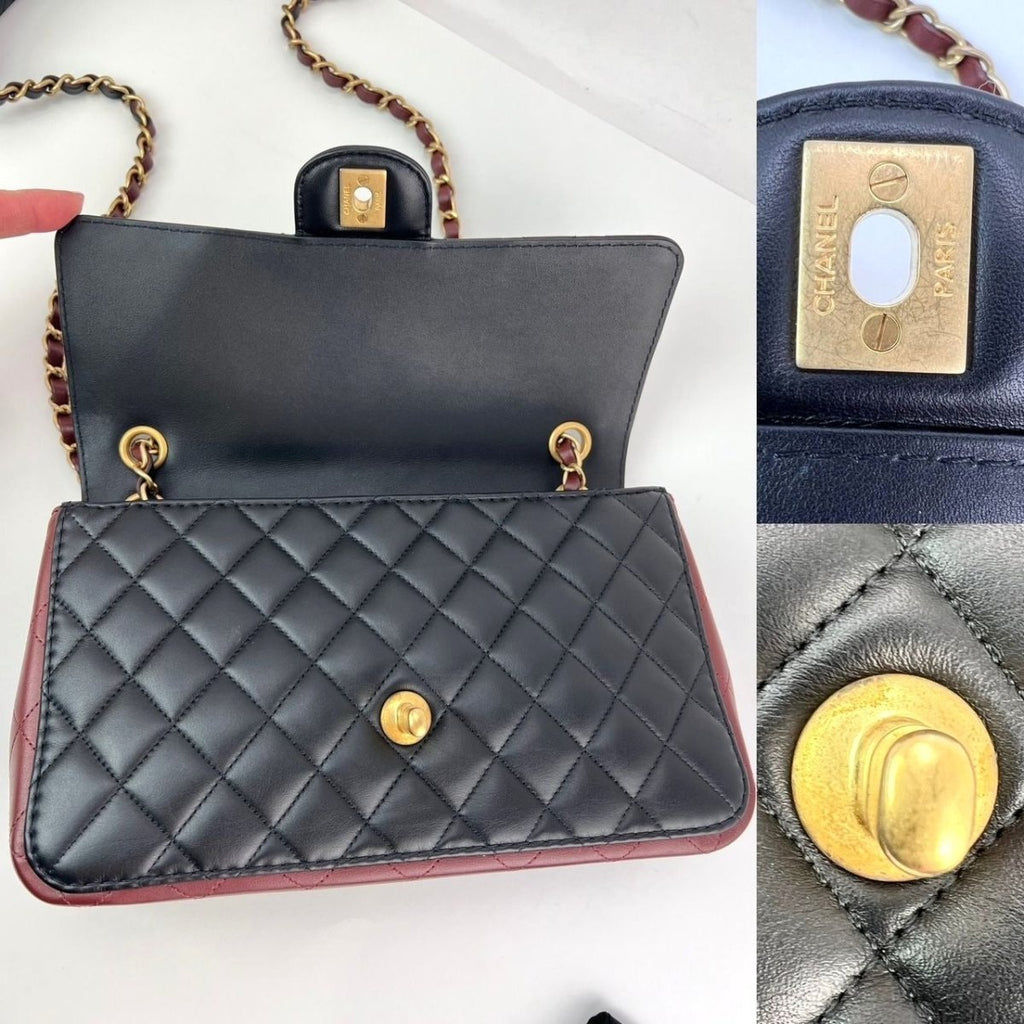 Chanel Calfskin Quilted Strap into Flap Black Burgundy Shoulder Bag - HOUSE OF SHE