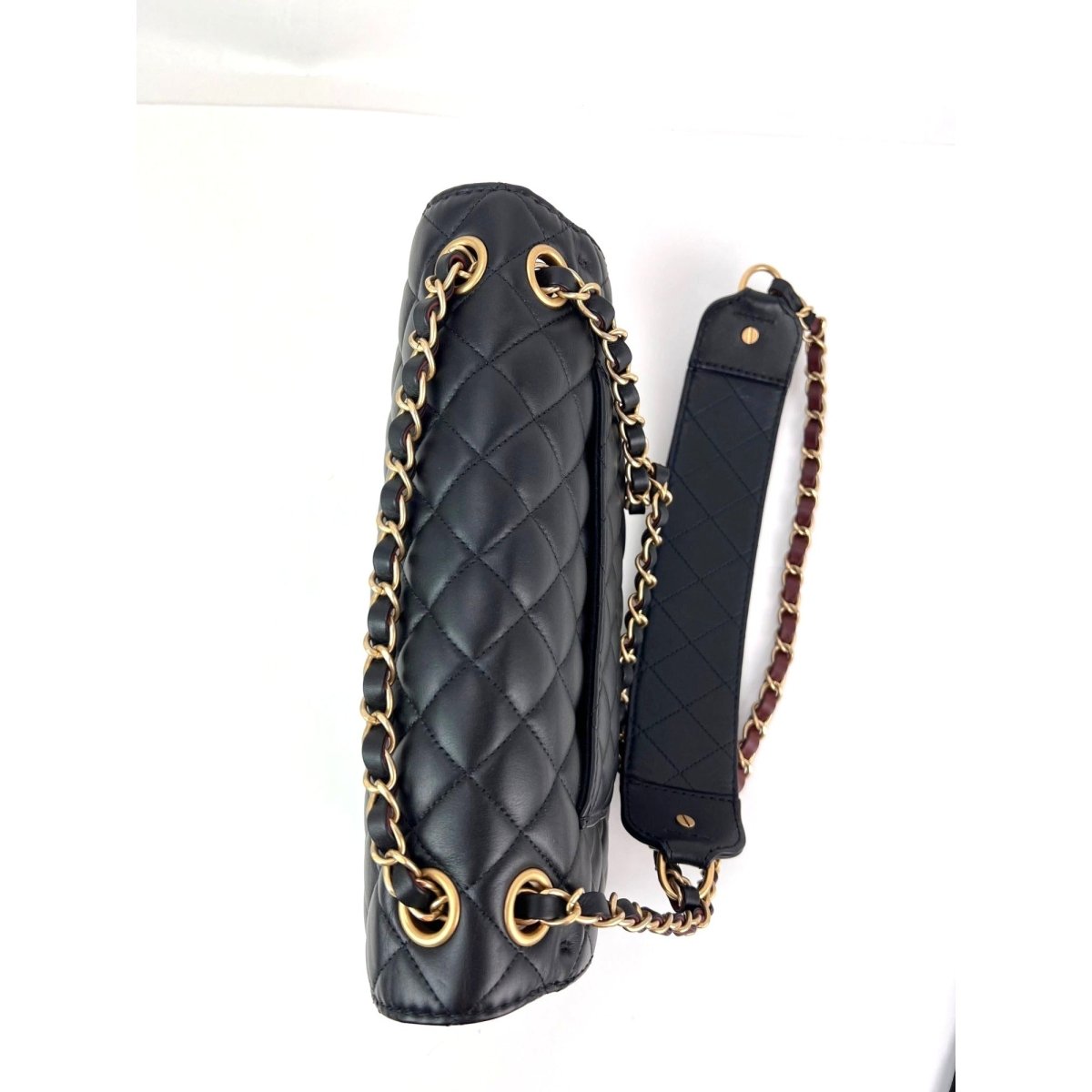 Chanel Calfskin Quilted Strap into Flap Black Burgundy Shoulder Bag - HOUSE OF SHE