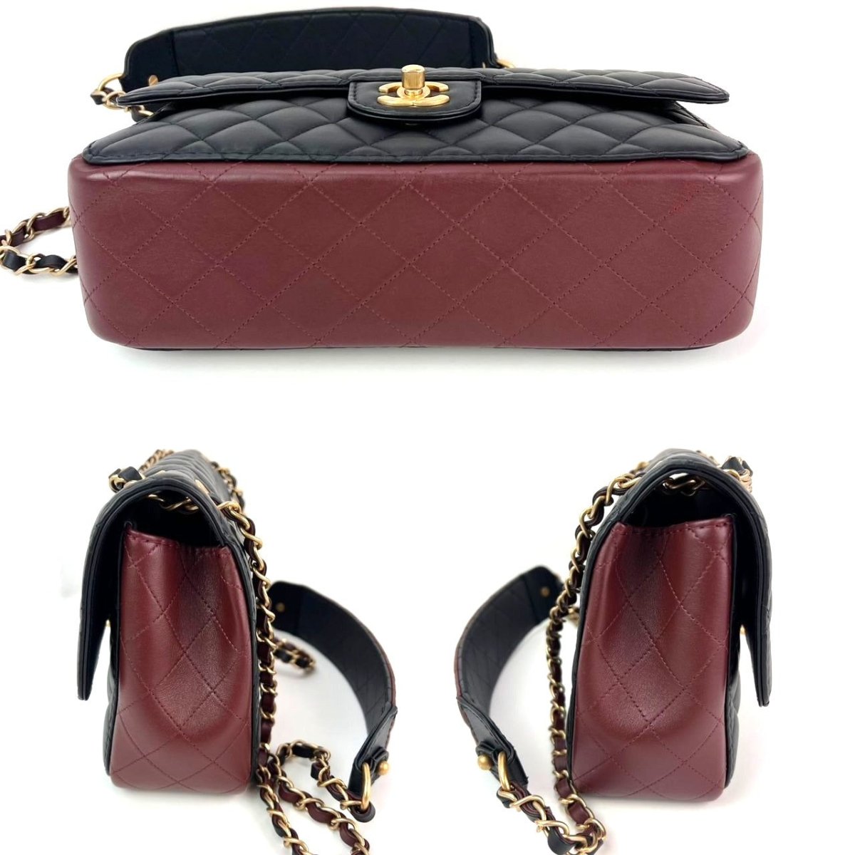 Chanel Calfskin Quilted Strap into Flap Black Burgundy Shoulder Bag - HOUSE OF SHE