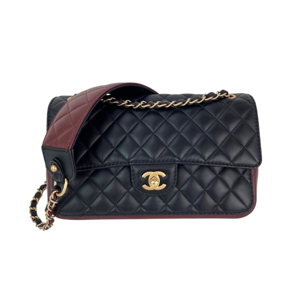 Chanel Calfskin Quilted Strap into Flap Black Burgundy Shoulder Bag - HOUSE OF SHE