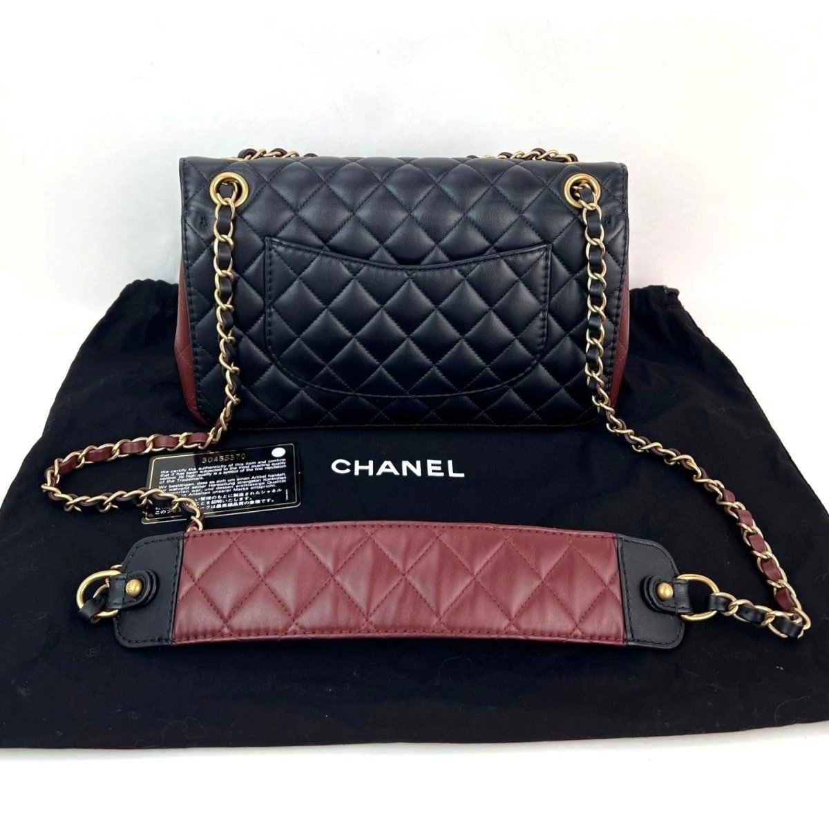 Chanel Calfskin Quilted Strap into Flap Black Burgundy Shoulder Bag - HOUSE OF SHE