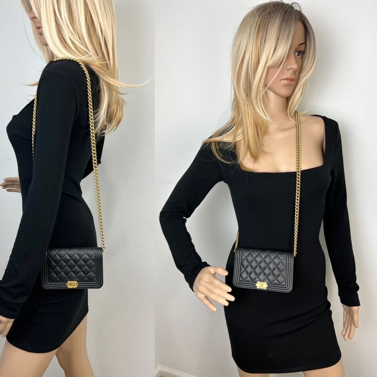 Chanel Caviar Quilted Mini Boy Clutch Wallet on a Chain Black - HOUSE OF SHE