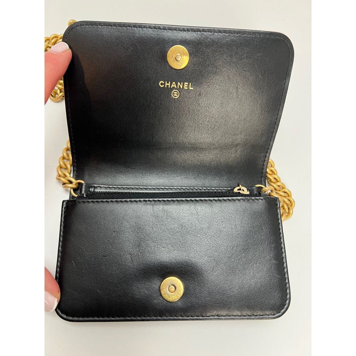 Chanel Caviar Quilted Mini Boy Clutch Wallet on a Chain Black - HOUSE OF SHE