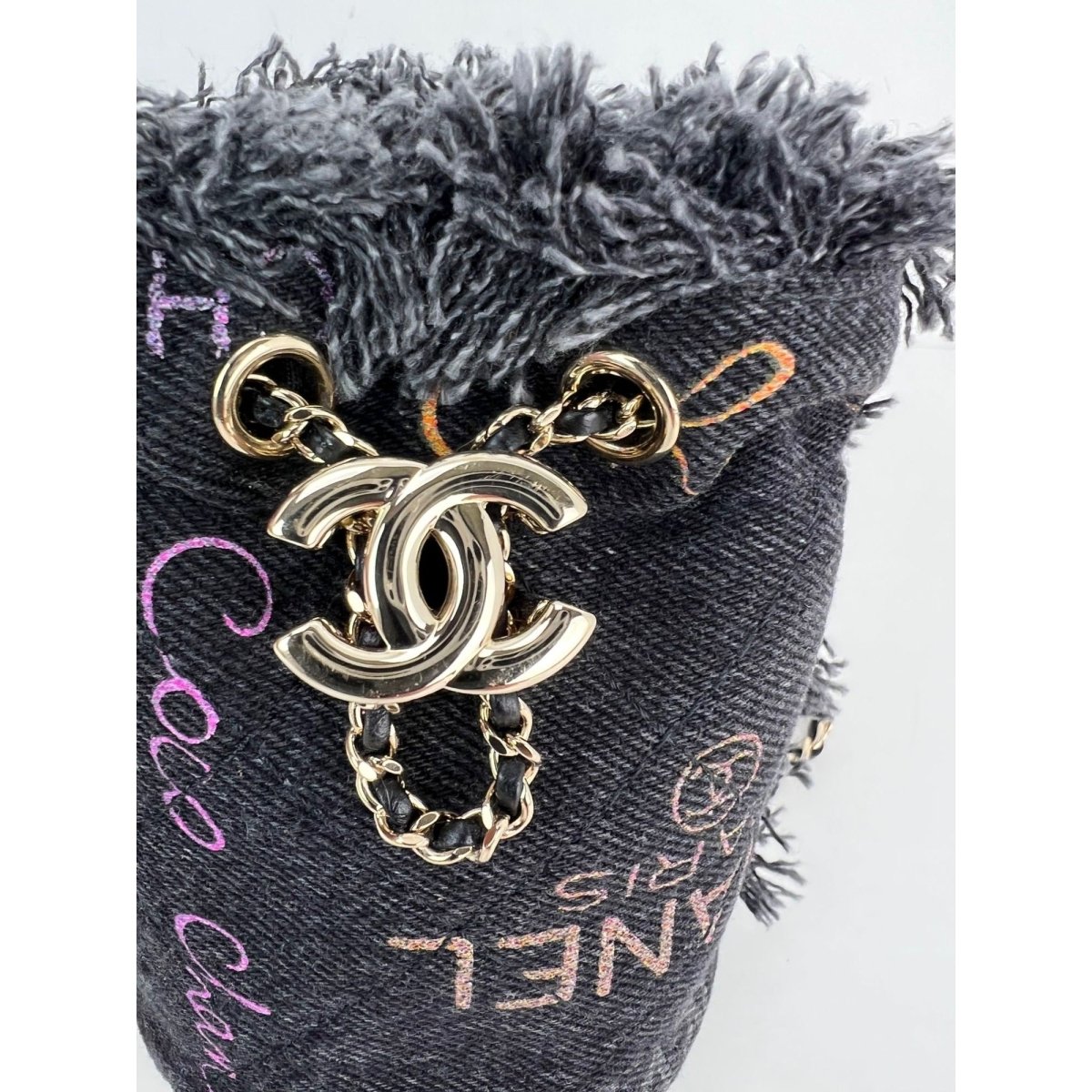 Chanel Denim Quilted Mood Mini Bucket With Chain Black - HOUSE OF SHE