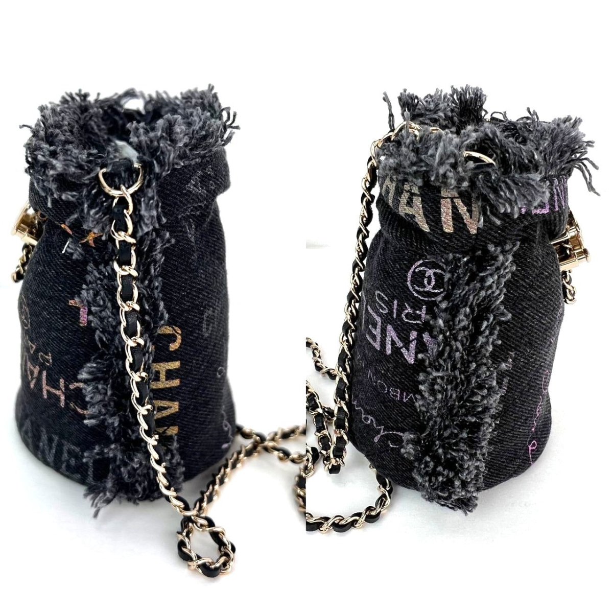Chanel Denim Quilted Mood Mini Bucket With Chain Black - HOUSE OF SHE