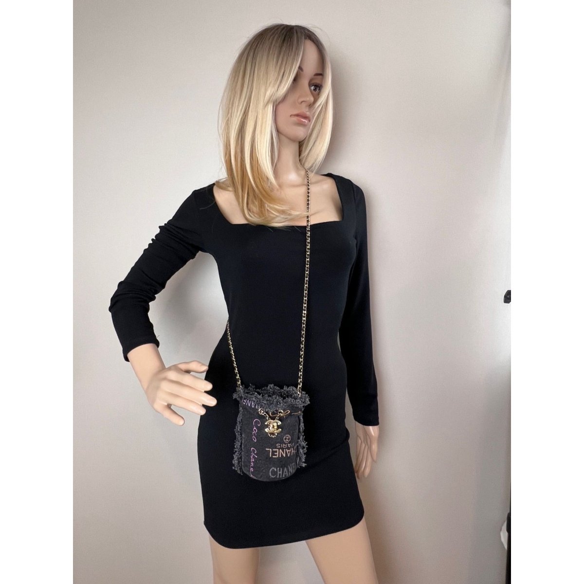 Chanel Denim Quilted Mood Mini Bucket With Chain Black - HOUSE OF SHE