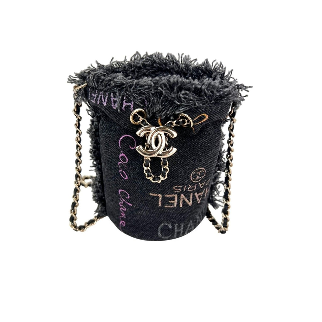 Chanel Denim Quilted Mood Mini Bucket With Chain Black - HOUSE OF SHE