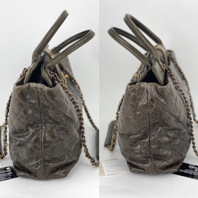 CHANEL Glazed Calfskin Shagreen Large Bindi CC Grey Tote Hand Bag - HOUSE OF SHE