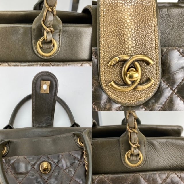 CHANEL Glazed Calfskin Shagreen Large Bindi CC Grey Tote Hand Bag - HOUSE OF SHE