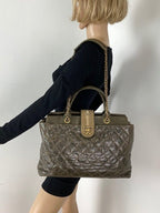 CHANEL Glazed Calfskin Shagreen Large Bindi CC Grey Tote Hand Bag - HOUSE OF SHE