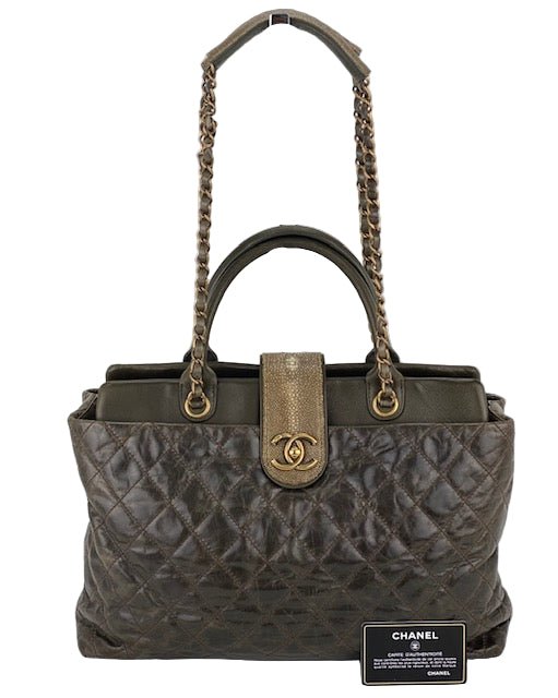 CHANEL Glazed Calfskin Shagreen Large Bindi CC Grey Tote Hand Bag - HOUSE OF SHE