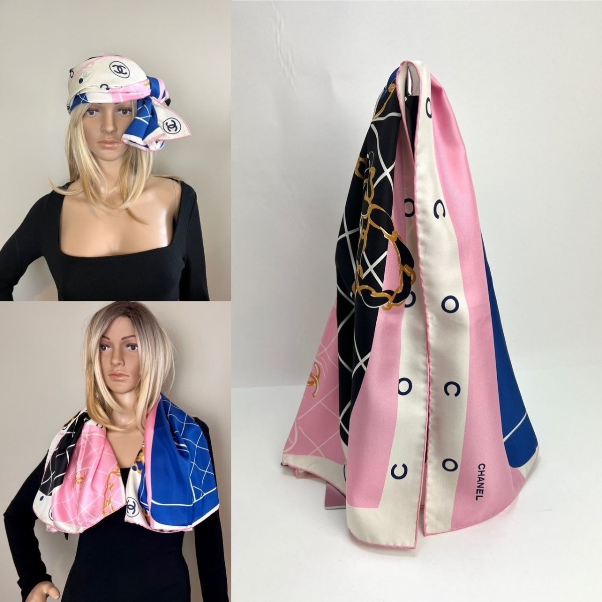 Chanel Silk Pink Black Blue Scarf - HOUSE OF SHE