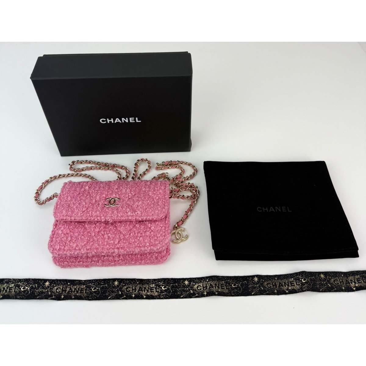 Chanel Tweed Quilted Mini Flap Pink Chain Waist Shoulder Bag - HOUSE OF SHE