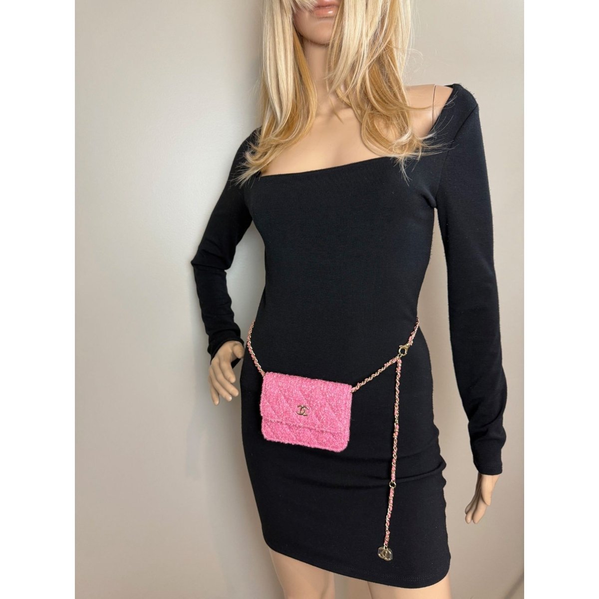 Chanel Tweed Quilted Mini Flap Pink Chain Waist Shoulder Bag - HOUSE OF SHE