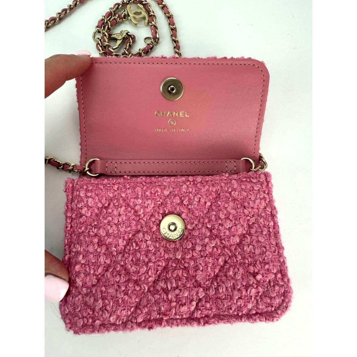 Chanel Tweed Quilted Mini Flap Pink Chain Waist Shoulder Bag - HOUSE OF SHE