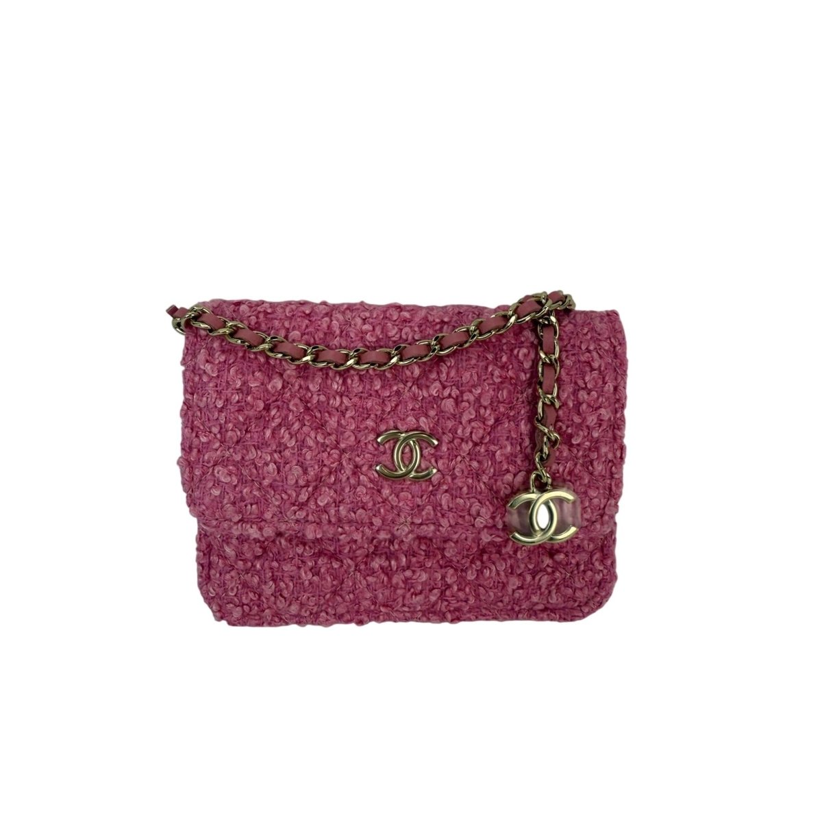 Chanel Tweed Quilted Mini Flap Pink Chain Waist Shoulder Bag - HOUSE OF SHE