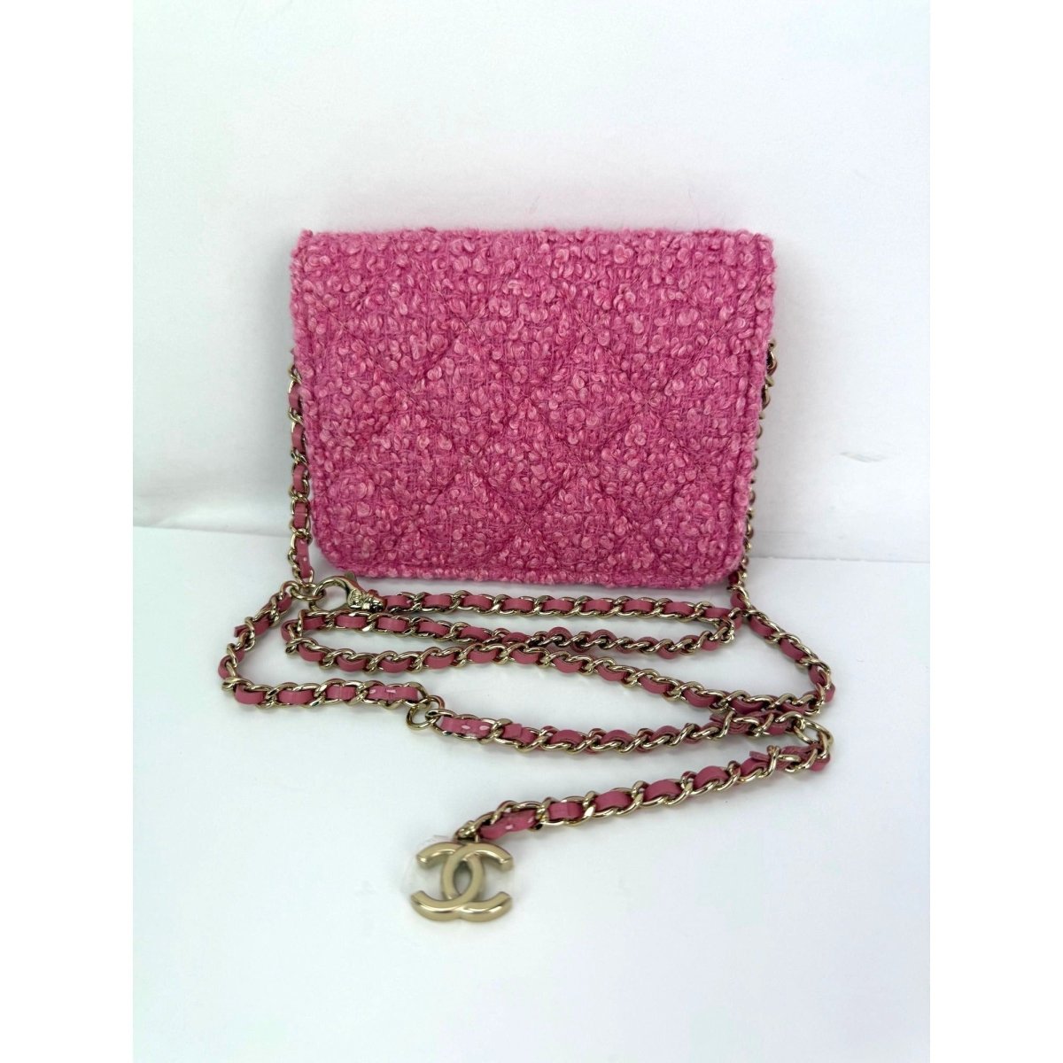 Chanel Tweed Quilted Mini Flap Pink Chain Waist Shoulder Bag - HOUSE OF SHE