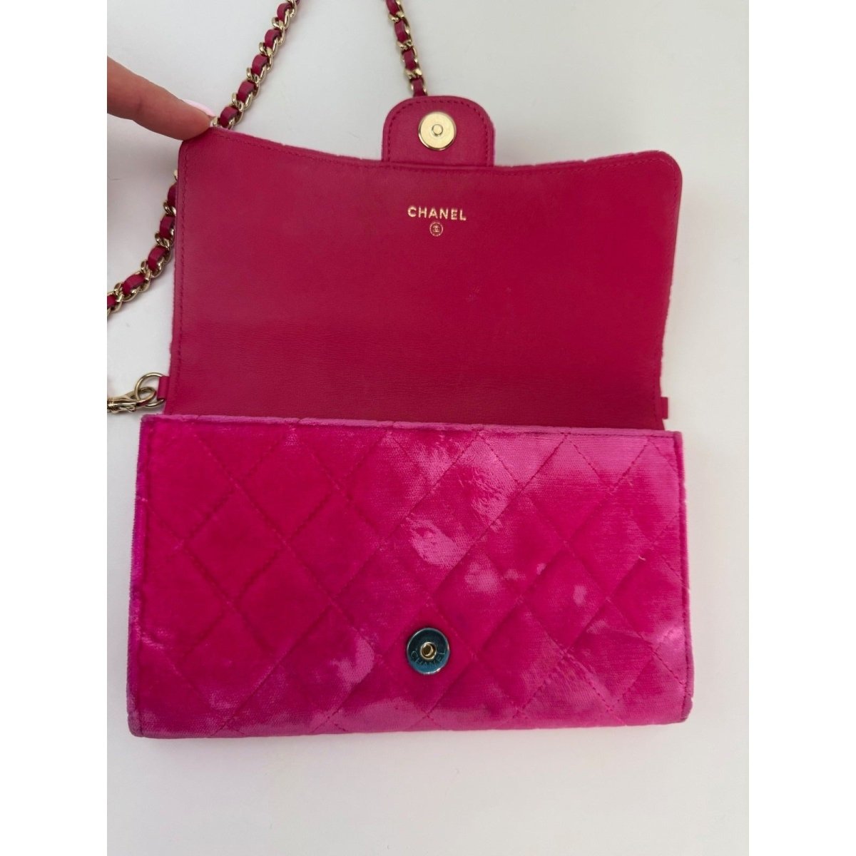 Chanel Velvet Quilted Timeless Fuchsia Wallet on a Chain Clutch Bag - HOUSE OF SHE