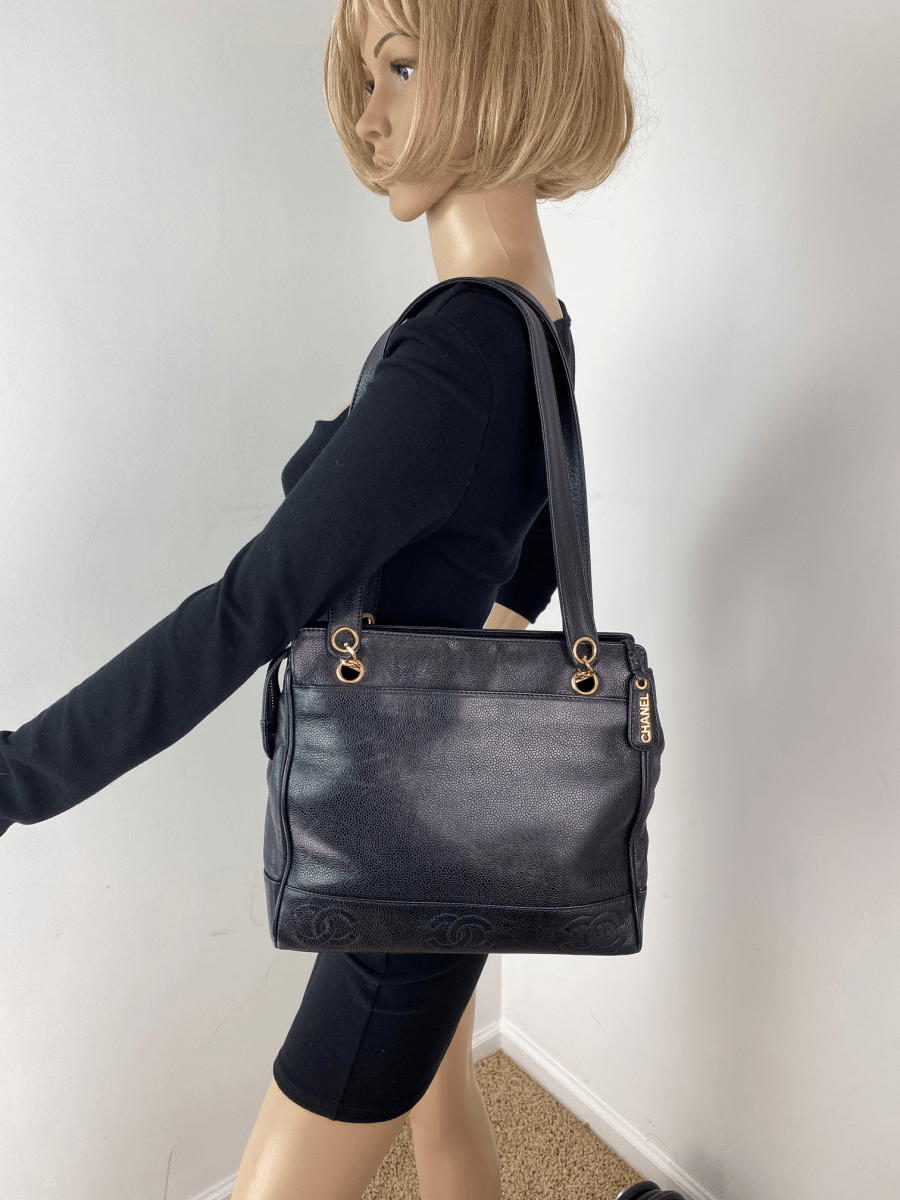 Chanel Vintage Black Caviar Leather CC Zip Tote Shoulder - HOUSE OF SHE