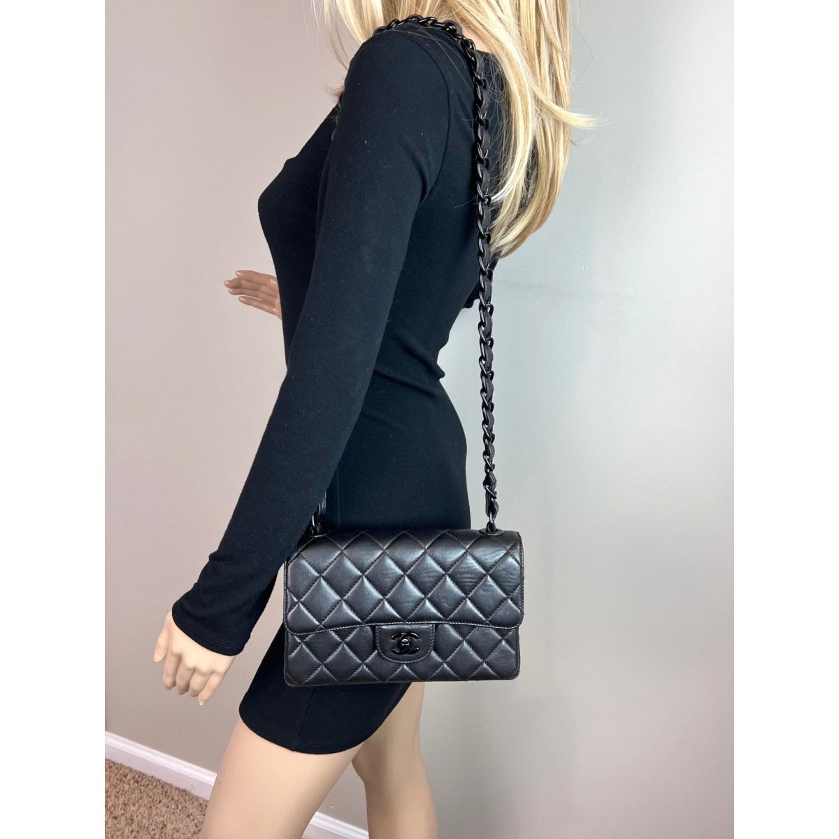 Chanel Vintage Quilted Lambskin Black Resin Chain Small Classic Single Flap Bag RARE - HOUSE OF SHE
