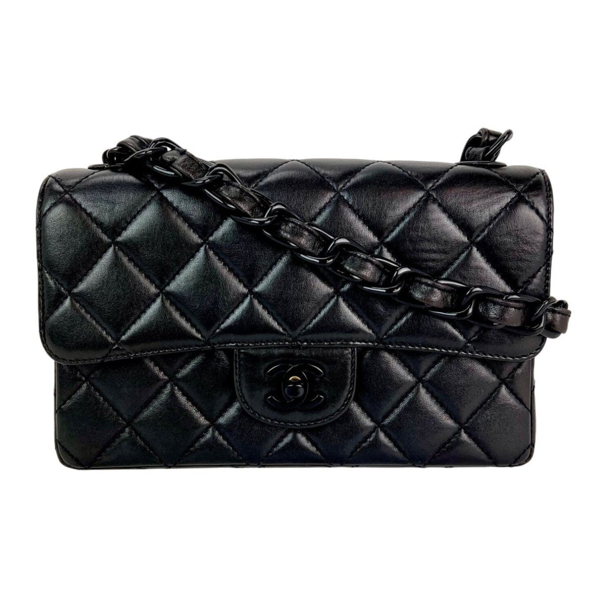 Chanel Vintage Quilted Lambskin Black Resin Chain Small Classic Single Flap Bag RARE - HOUSE OF SHE